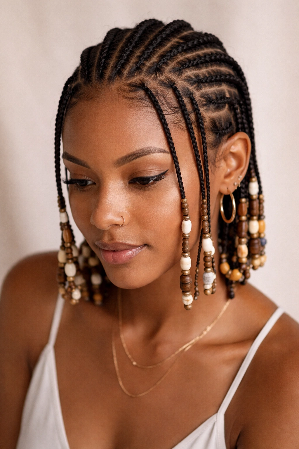 Close-up of mini Fulani braids with beaded accents on short hair.