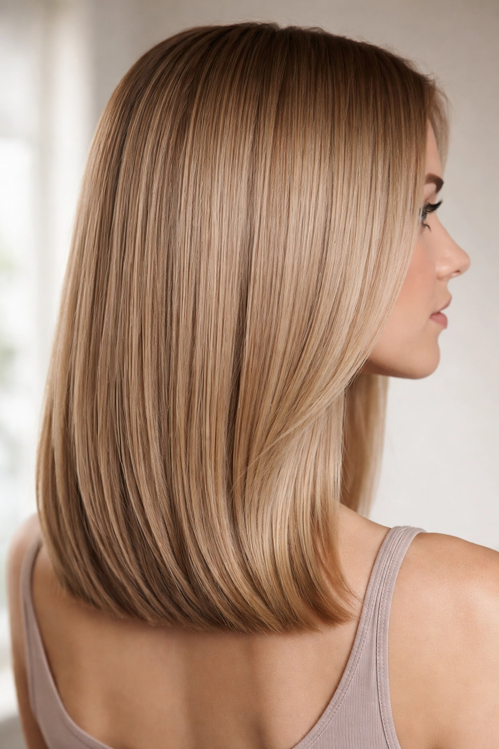 Minimalist blunt-ended lob with barely visible internal layers for sleek fullness.