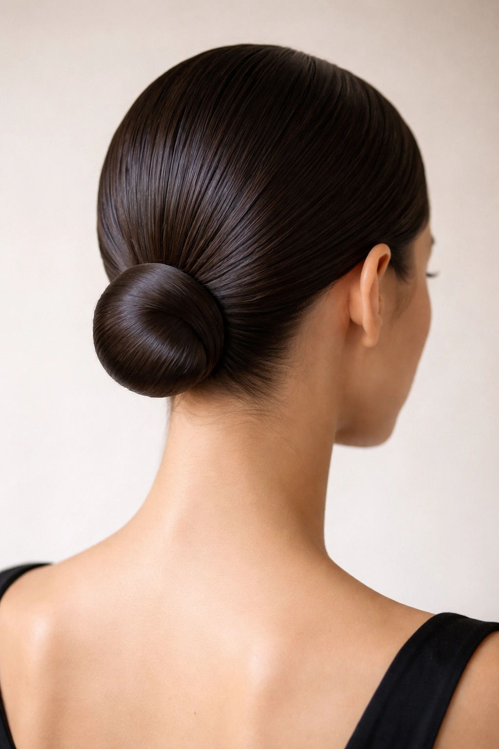 Minimalist low bun at the nape, smooth and tight