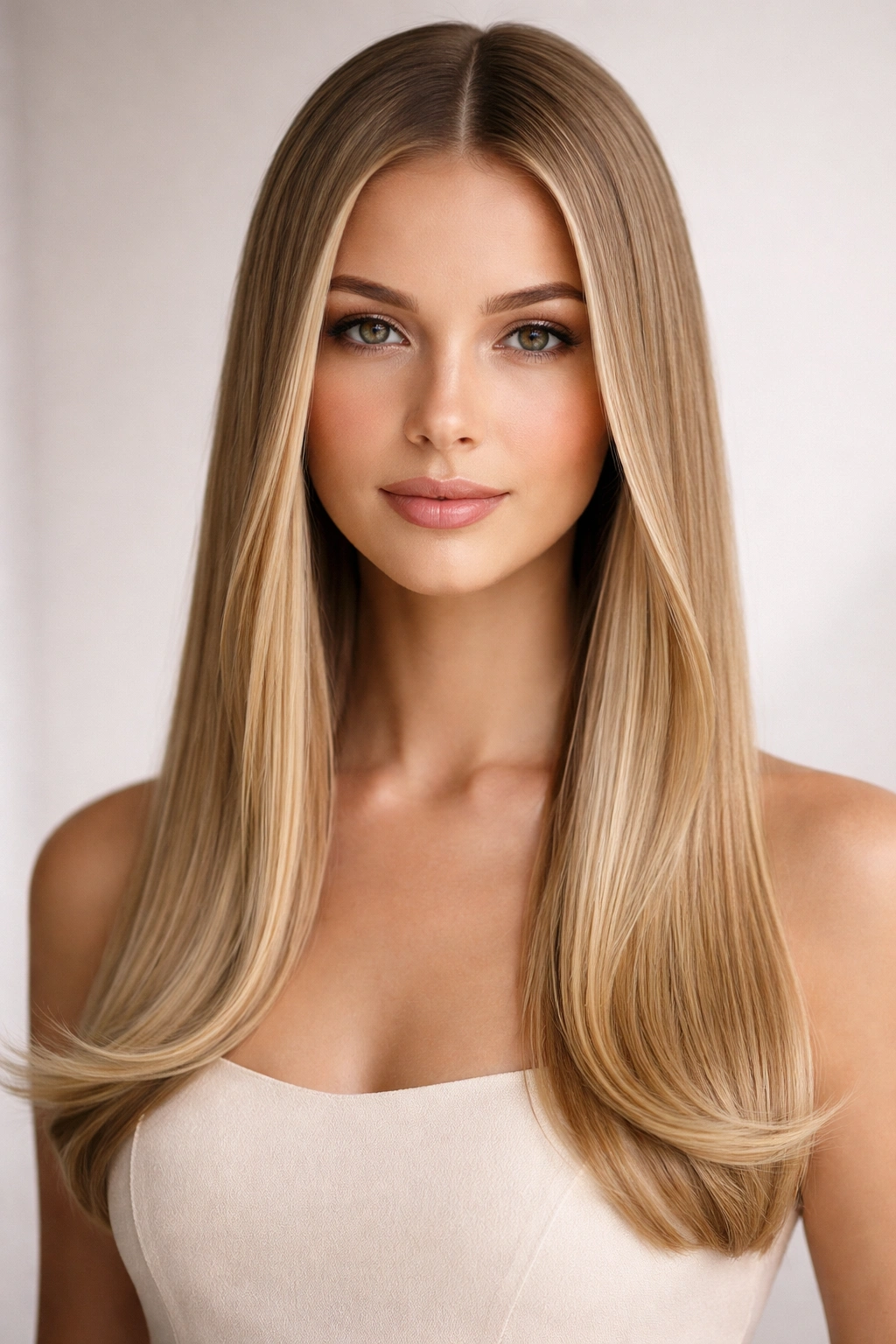 Center-parted hair with curved ends on straight hair