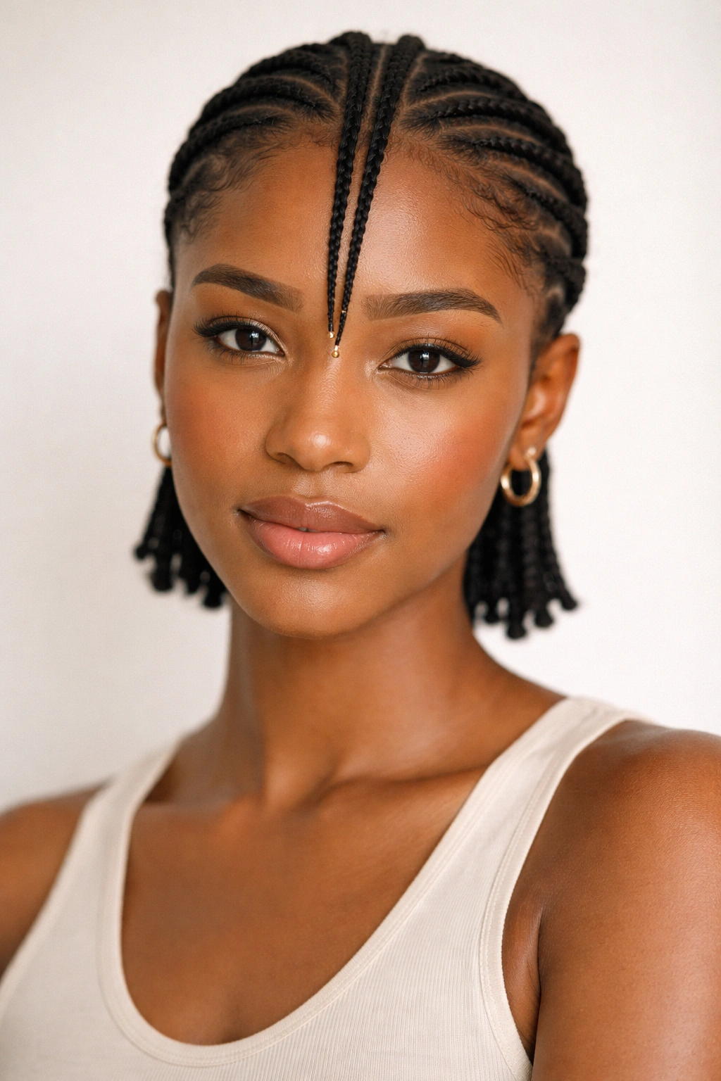 Minimalist Fulani braids with a central thick braid and minimal beads on short hair