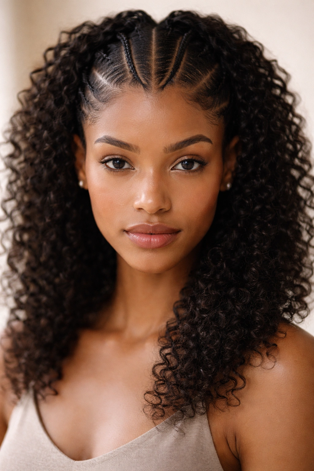 Minimalist Fulani braids with clean lines on curly hair.