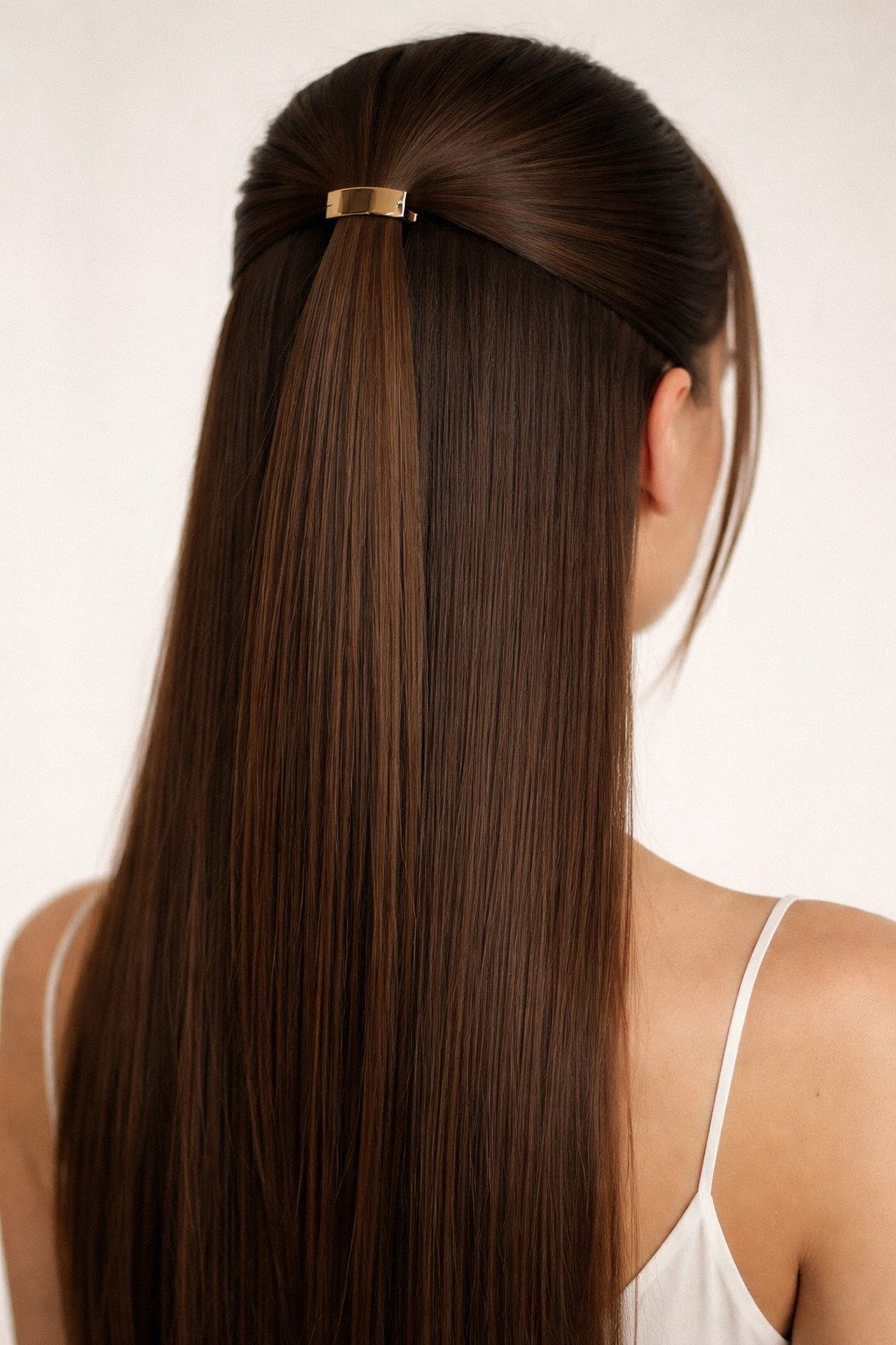 Straight hair in a high minimalist half-up with a small, understated clip