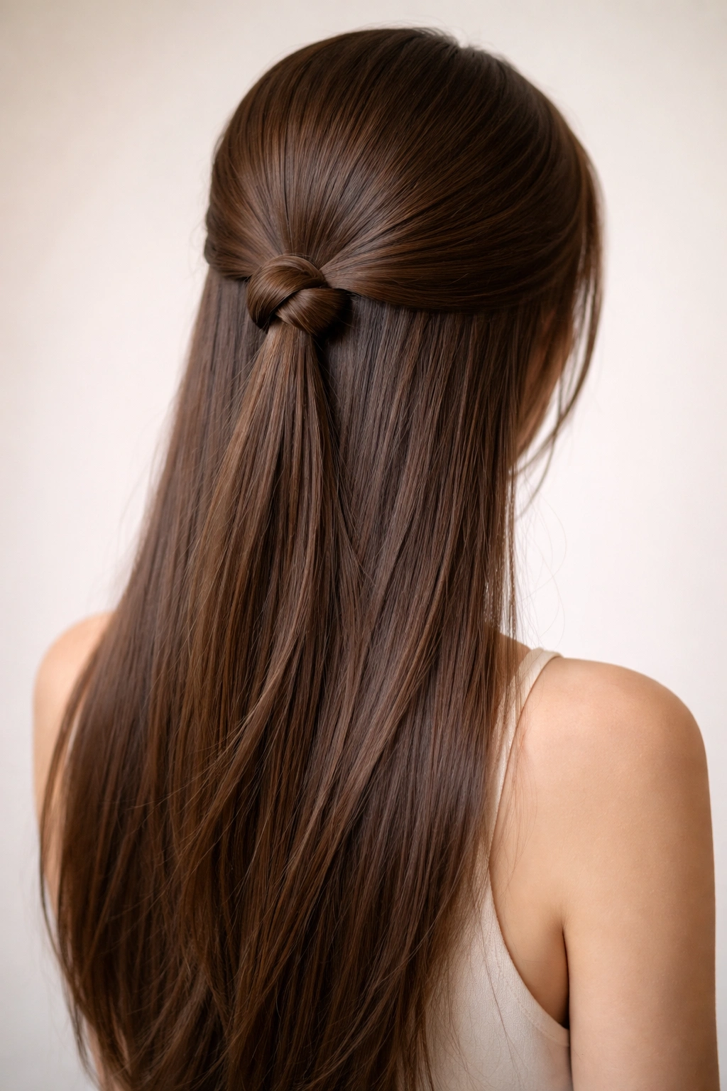 Long straight hair gathered into a simple knot at the back with rest of hair smooth