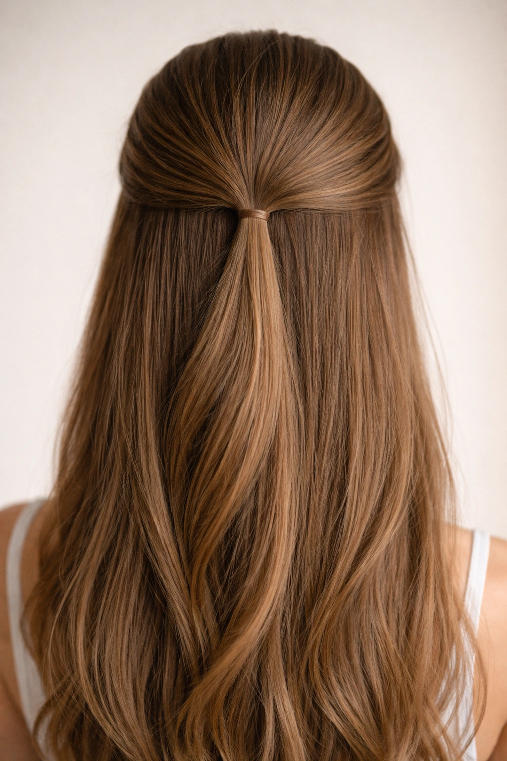 Minimalist half-up hairstyle secured with a thin color-matching elastic
