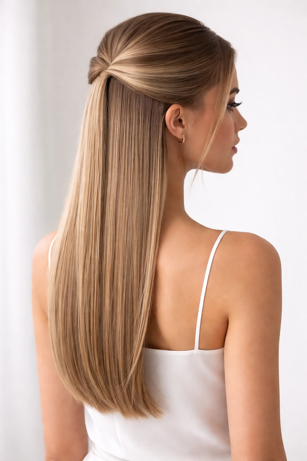 Minimalist half-up with smooth straight ends on straight hair