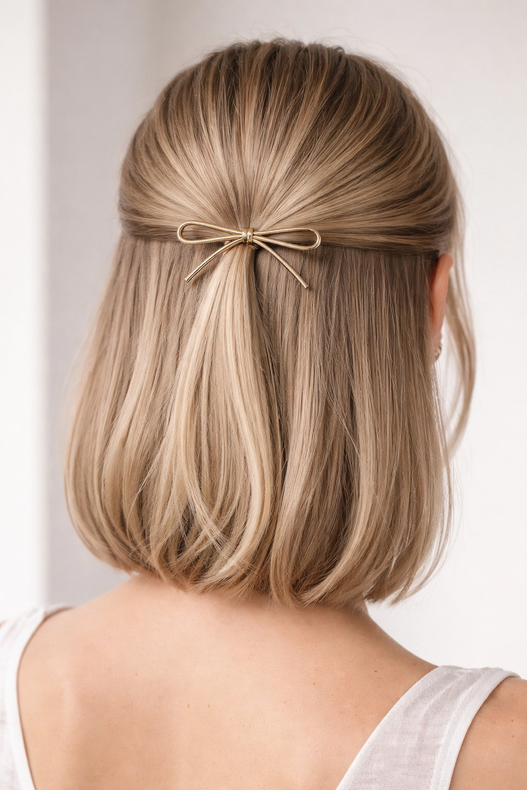 Sleek half-up hairstyle with a thin metallic bow
