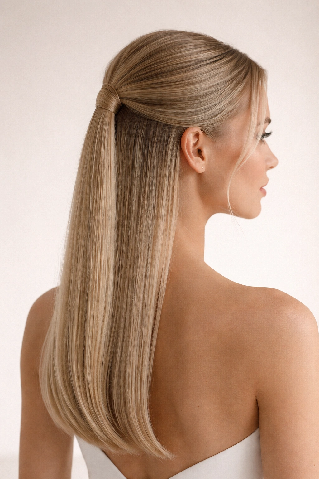 Close-up of sleek, straight half-up hairstyle with hidden elastic wrap