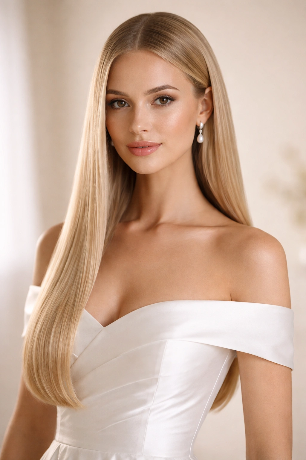 Pristine, silky straight hair with a glossy finish on a bridal look