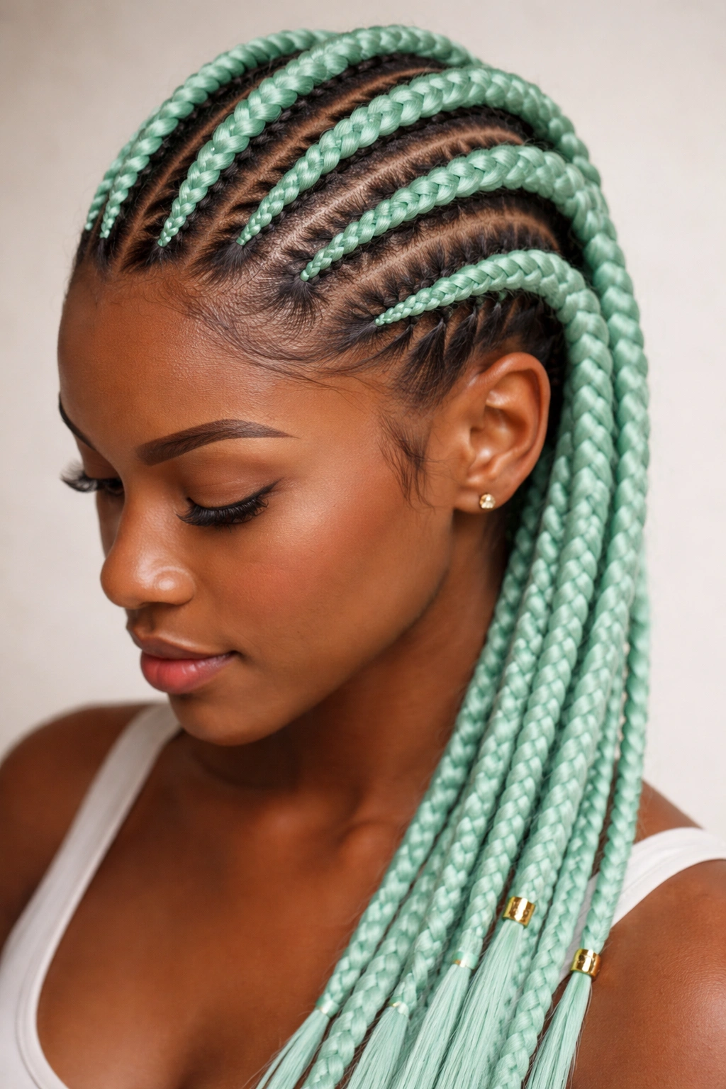 Close-up of mint green feed-in cornrows with pale saturated green extensions