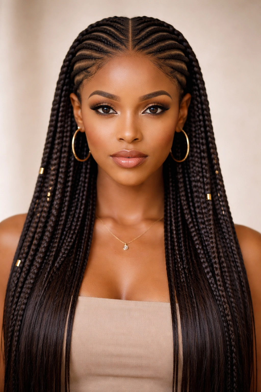 Three-quarter view of two mirrored diagonal cornrows from crown to shoulders