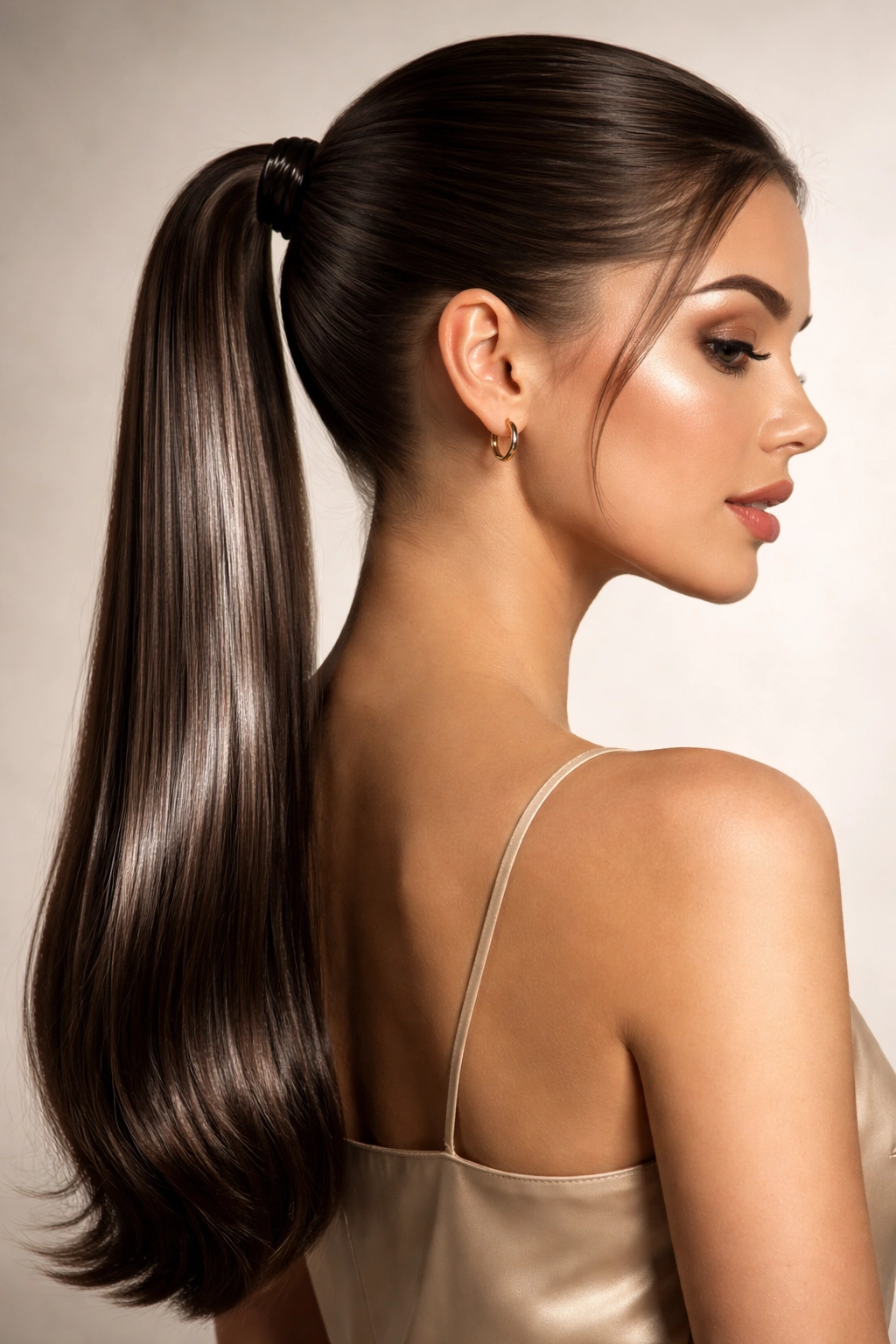 Glossy mirror-shine mid ponytail reflecting light along the length