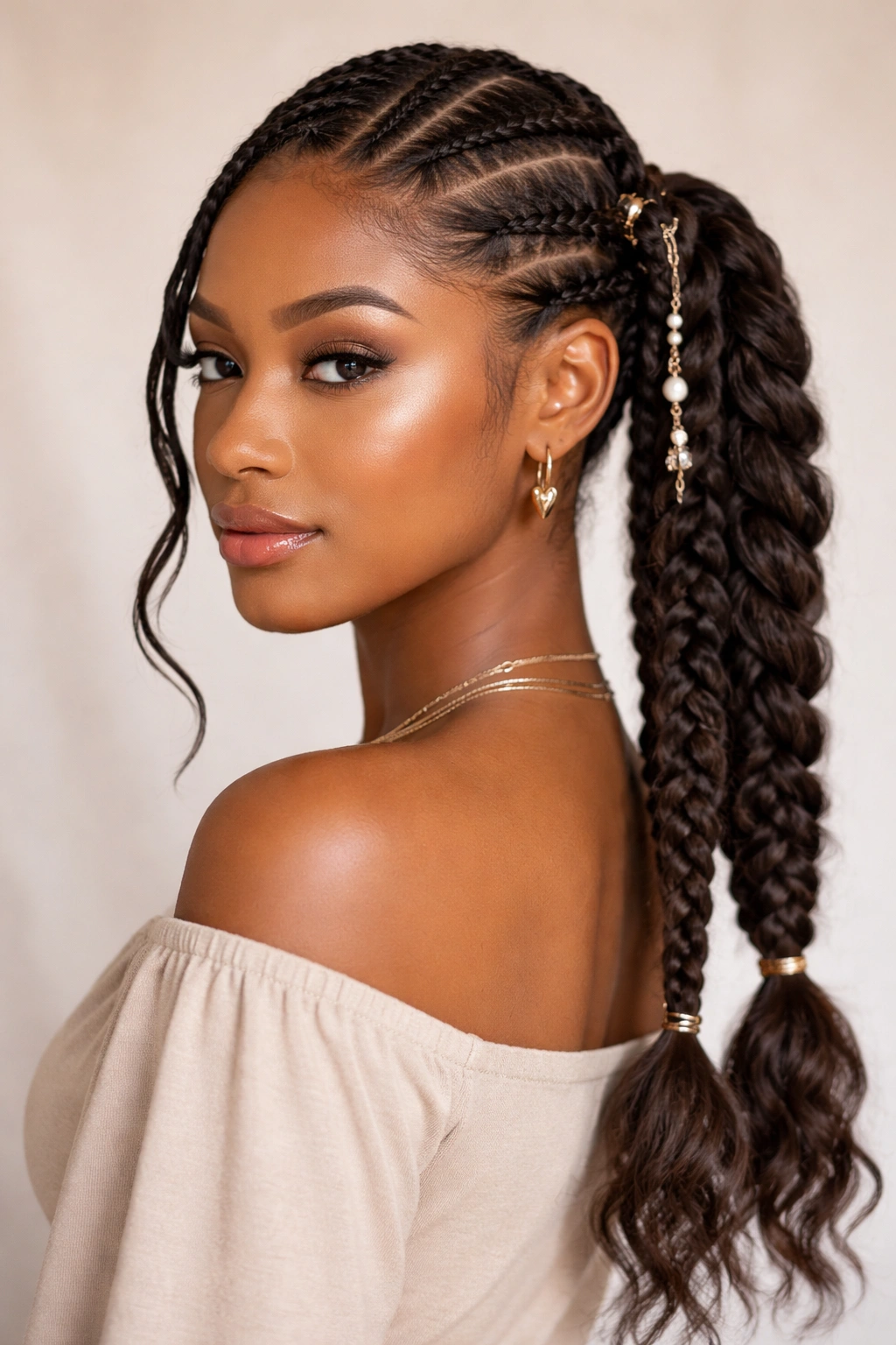 Two different braids merged into a ponytail with subtle accessories