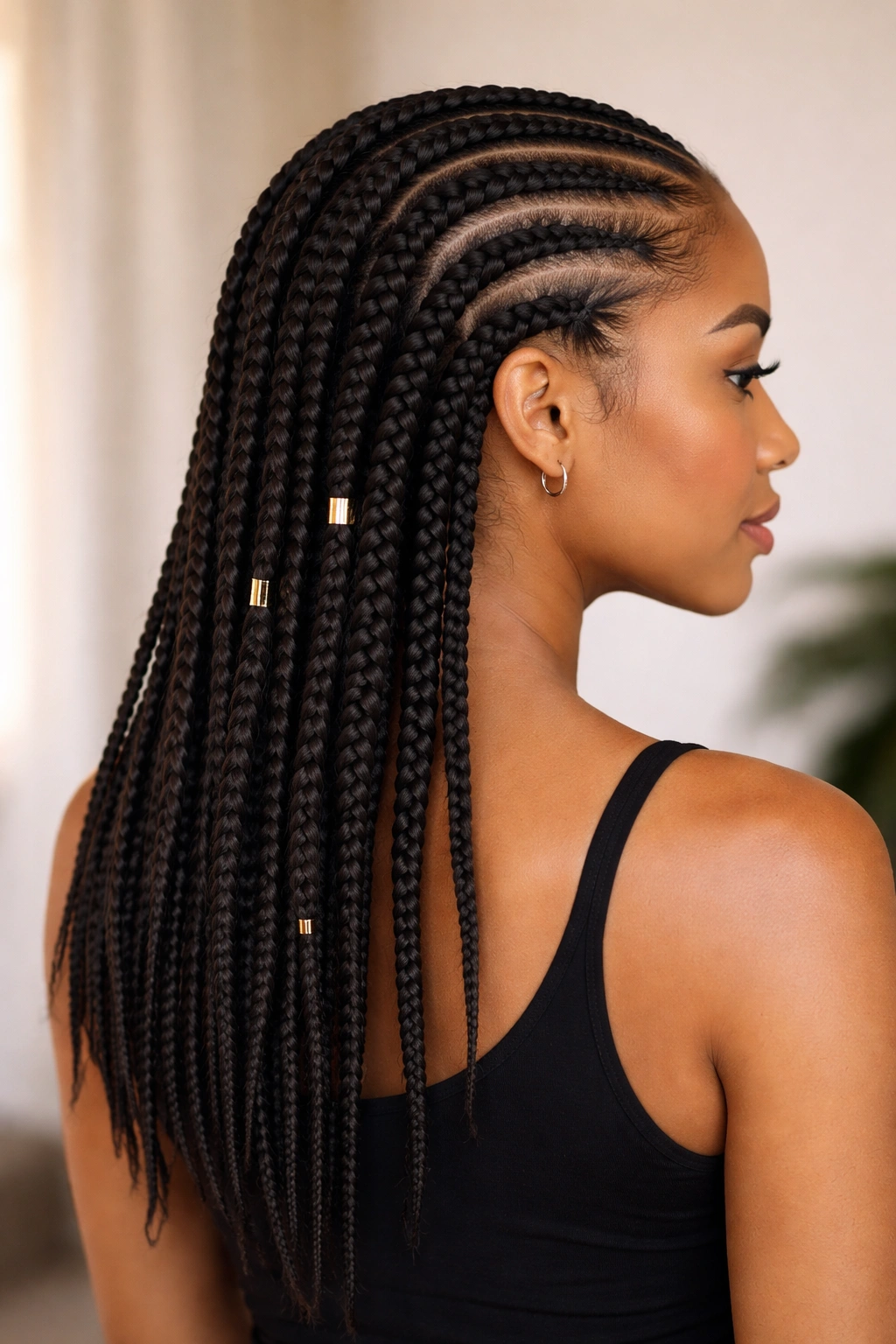Straight-back cornrows with varied braid lengths cascading down