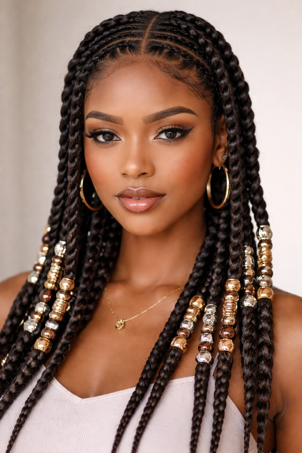 Close-up of double-strand twisted cornrows with mixed metal beads along the twists.