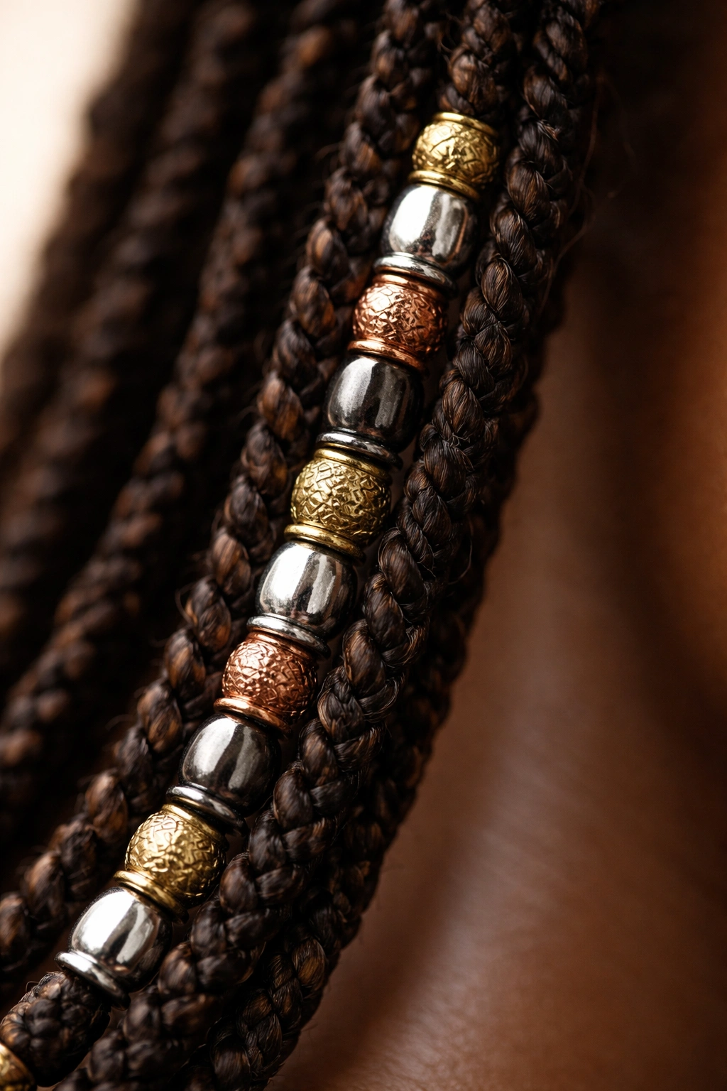 Close-up of mixed gold, silver, and copper beads on Fulani braid showing contrast