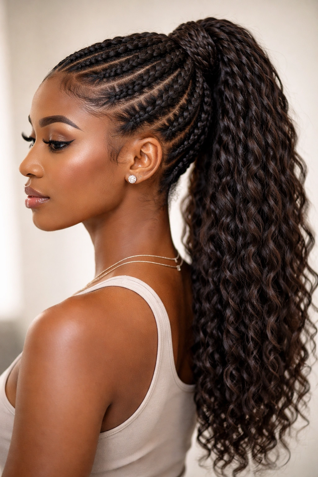 Long hair with mixed textures: cornrows on the sides and twists in the center into a ponytail.