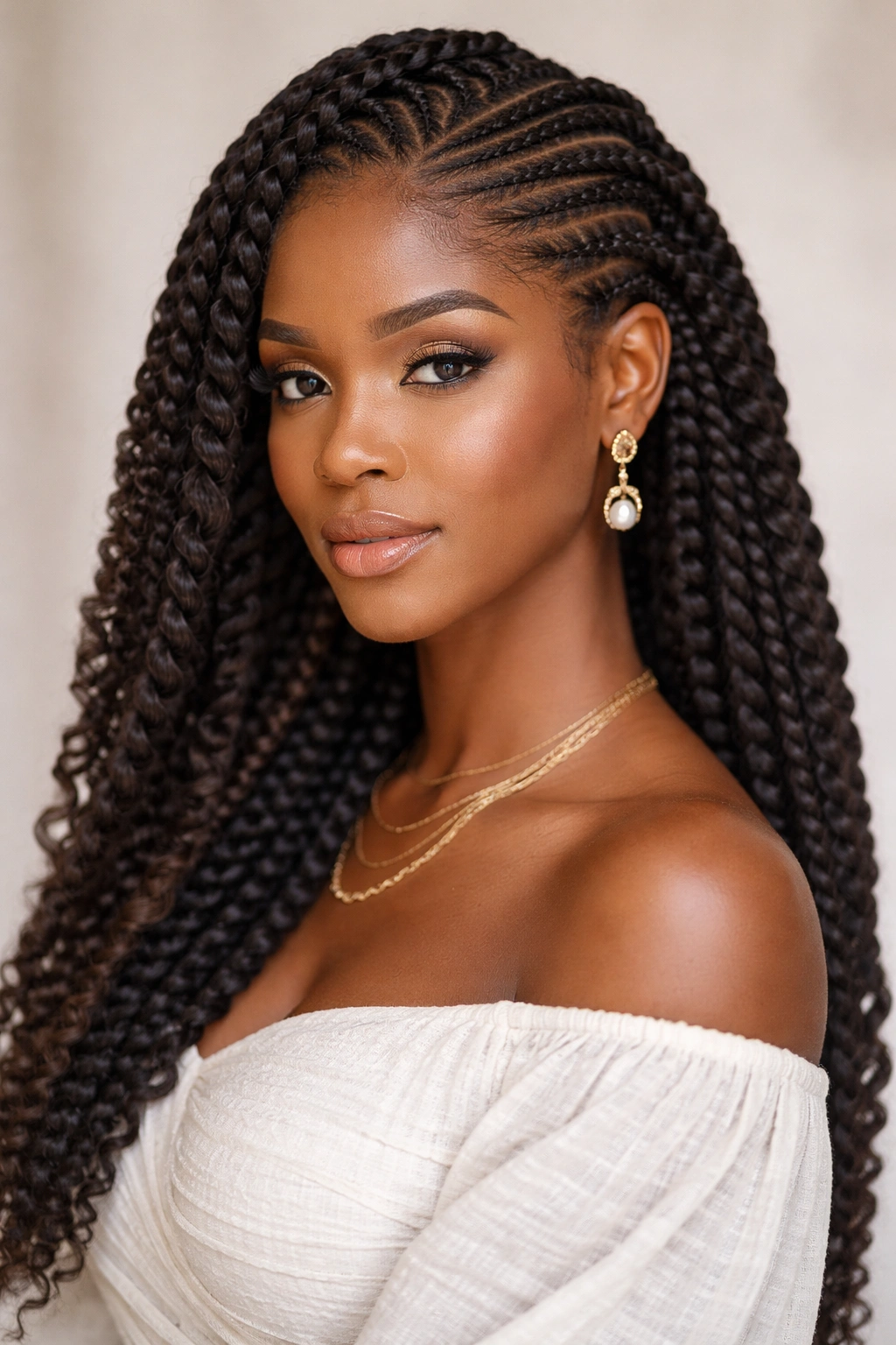 Mixed texture protective hairstyle with cornrows and twists showing texture variety