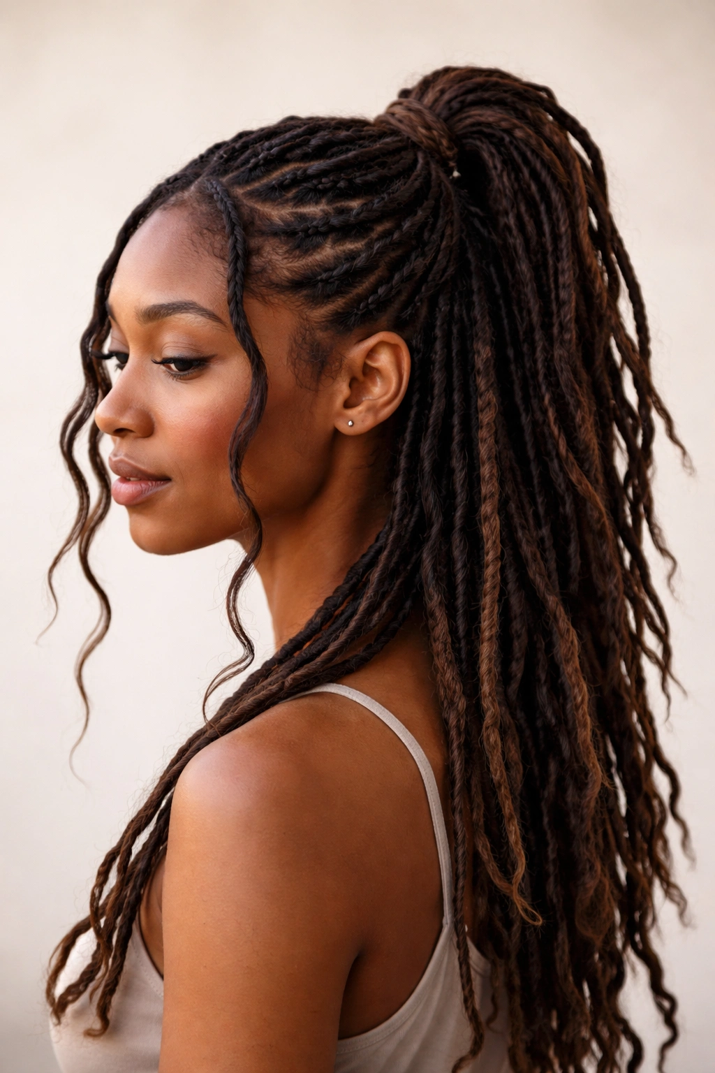 Locs with mixed textures styled in a half-up ponytail emphasizing variation in thickness and waves