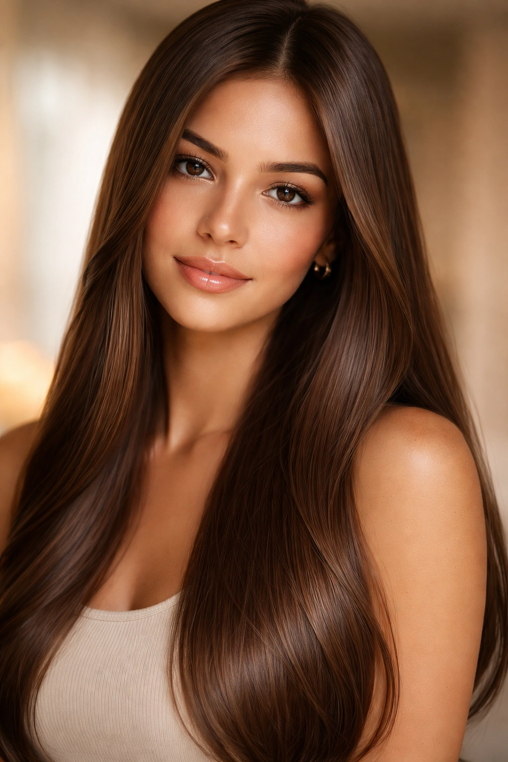 Portrait of straight hair in mocha brown with creamy warmth and soft shine.