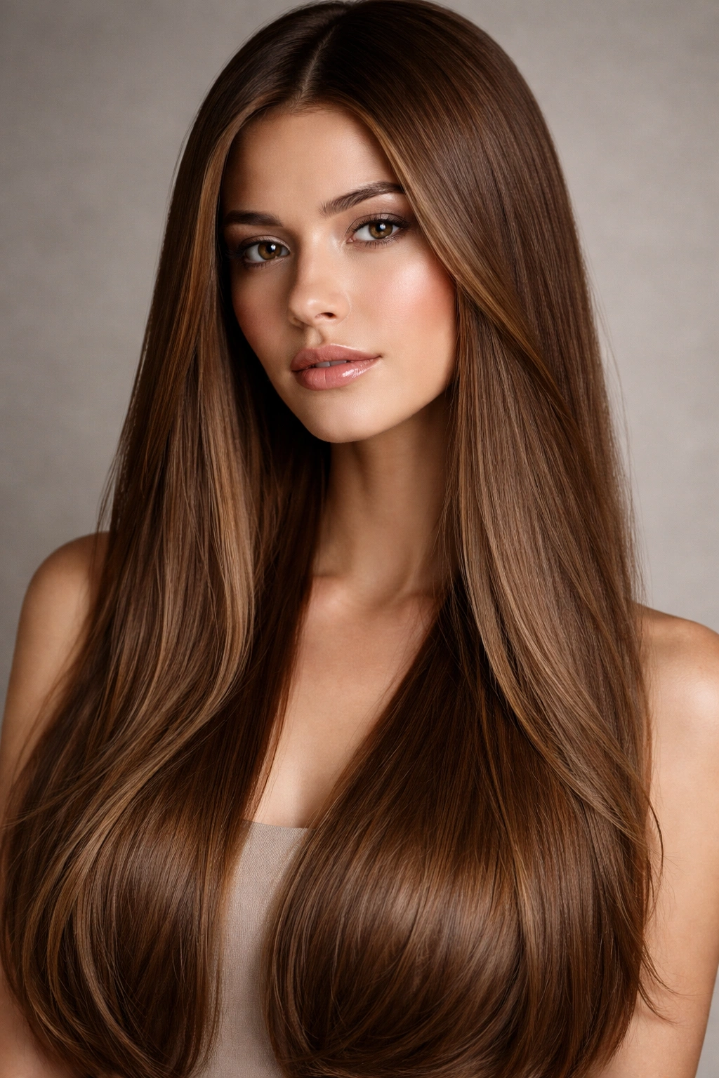 Close-up of straight hair in mocha latte brown shade with creamy warmth