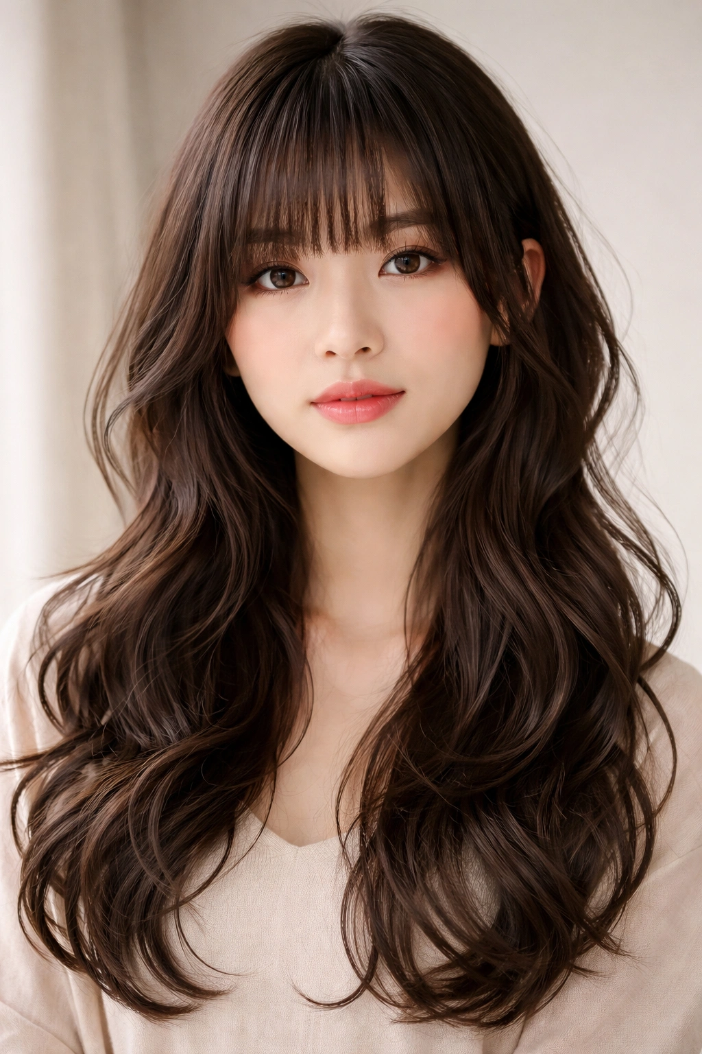 Close-up portrait of Modern Hime with Soft Waves featuring rounded bangs and blended side locks.