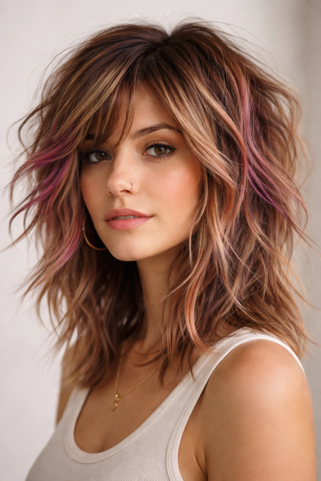 Portrait of modern shag with colorful balayage accents