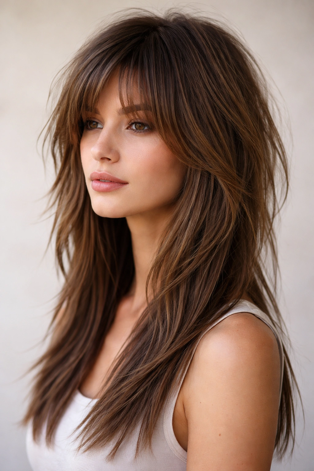 Portrait of straight hair with modern shag showing textured crown and choppy layers