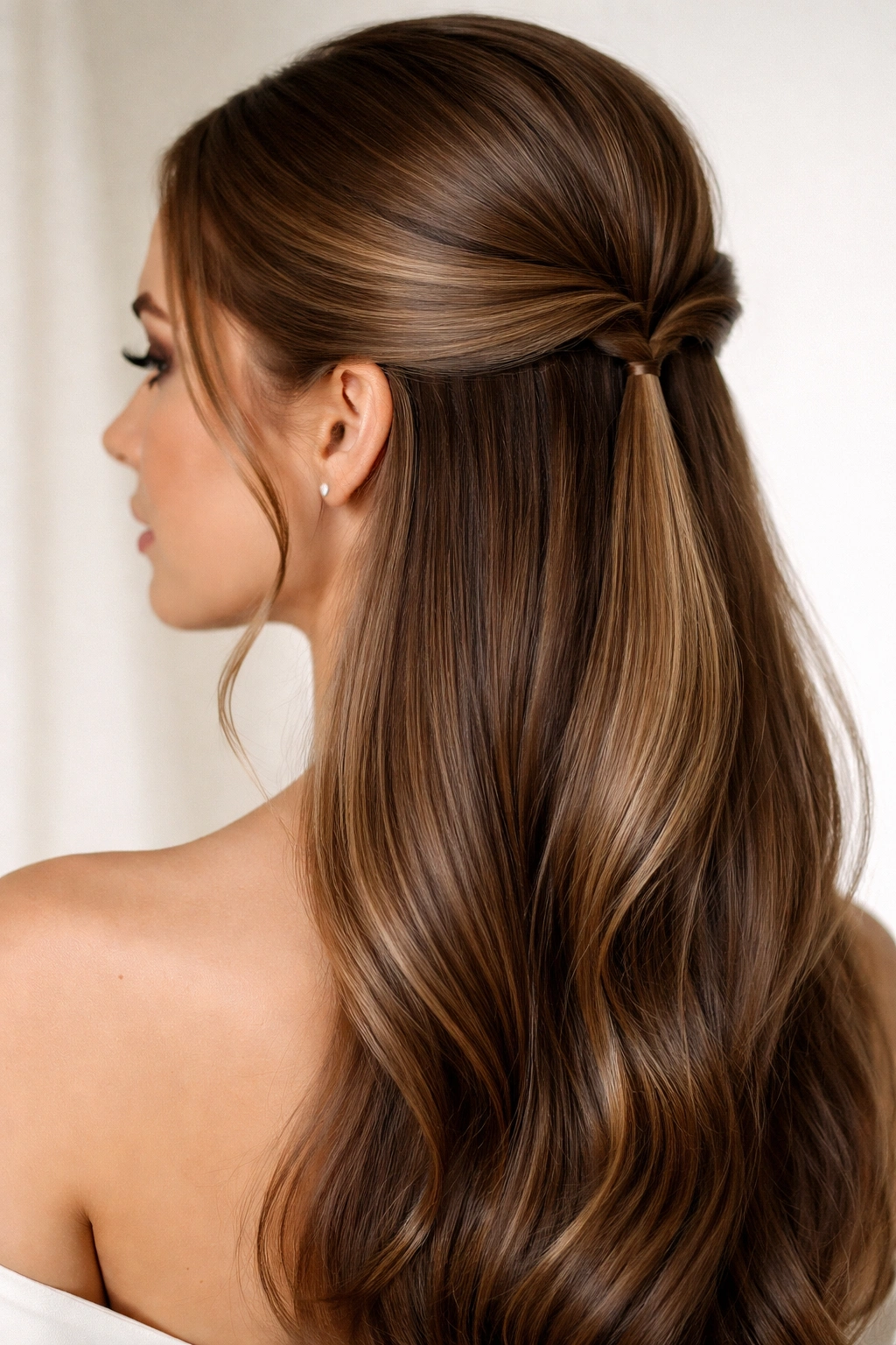 Profile view of The Modern Twisted Half-Up with Sleek Finish hairstyle with tight twists