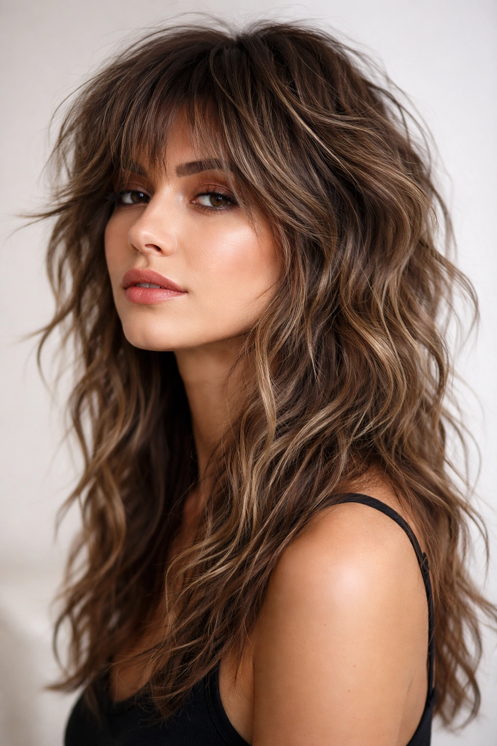 Portrait of a modern wolf cut with dramatic crown layers and long underneath, styled in waves
