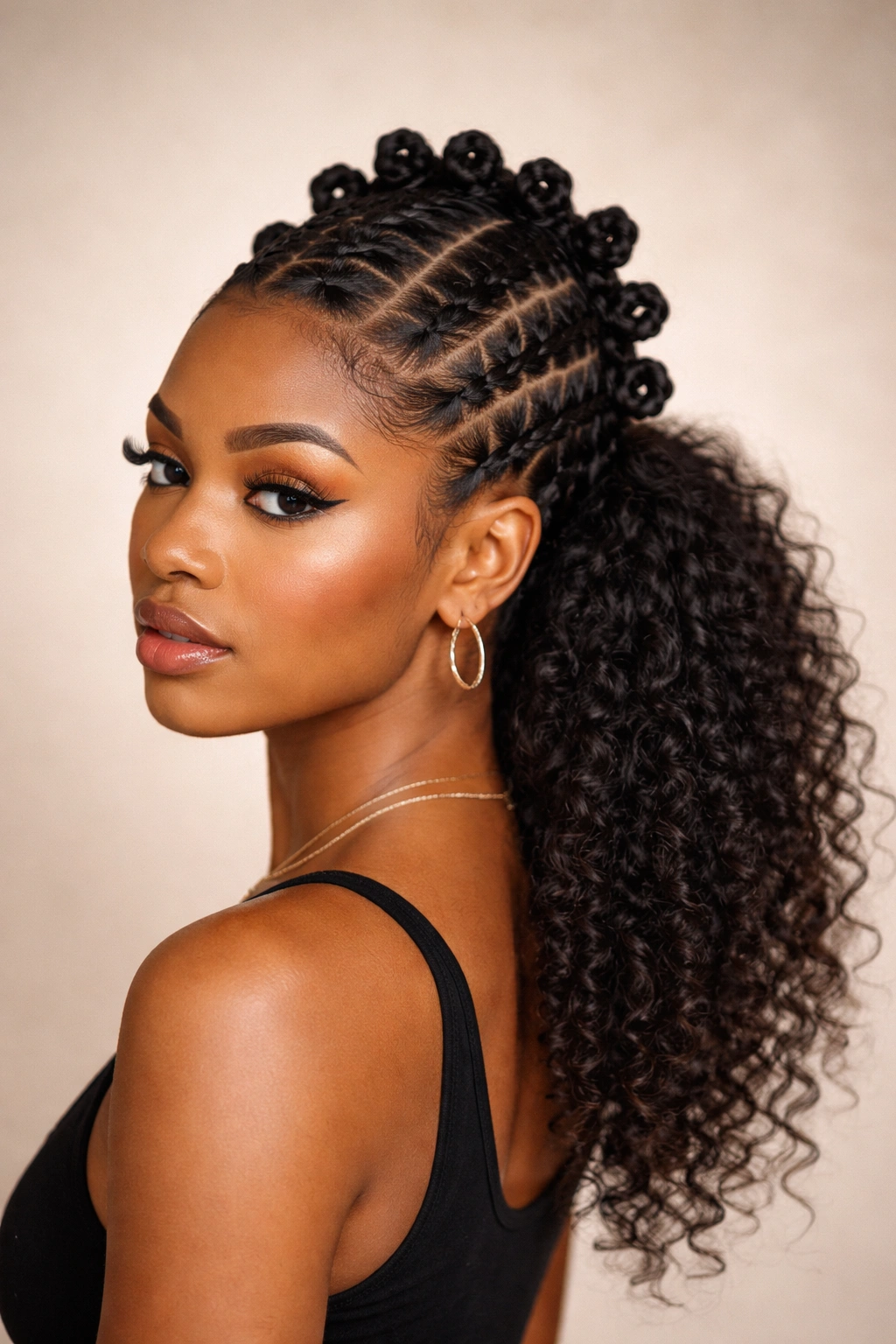 Center Mohawk stripe of Bantu knots with sides loose and a center-back pony