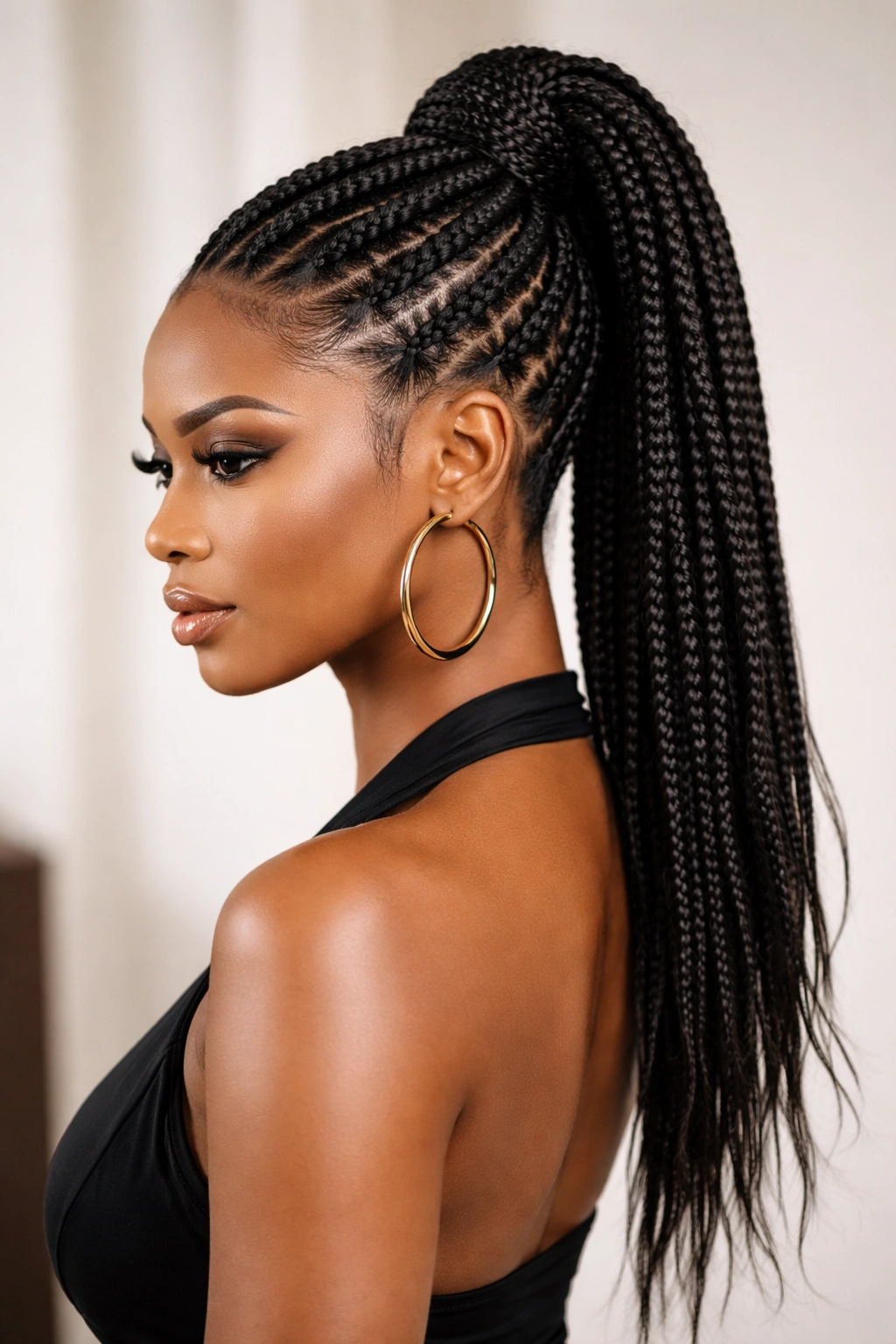 Mohawk-style box braids with central raised strip and ponytail