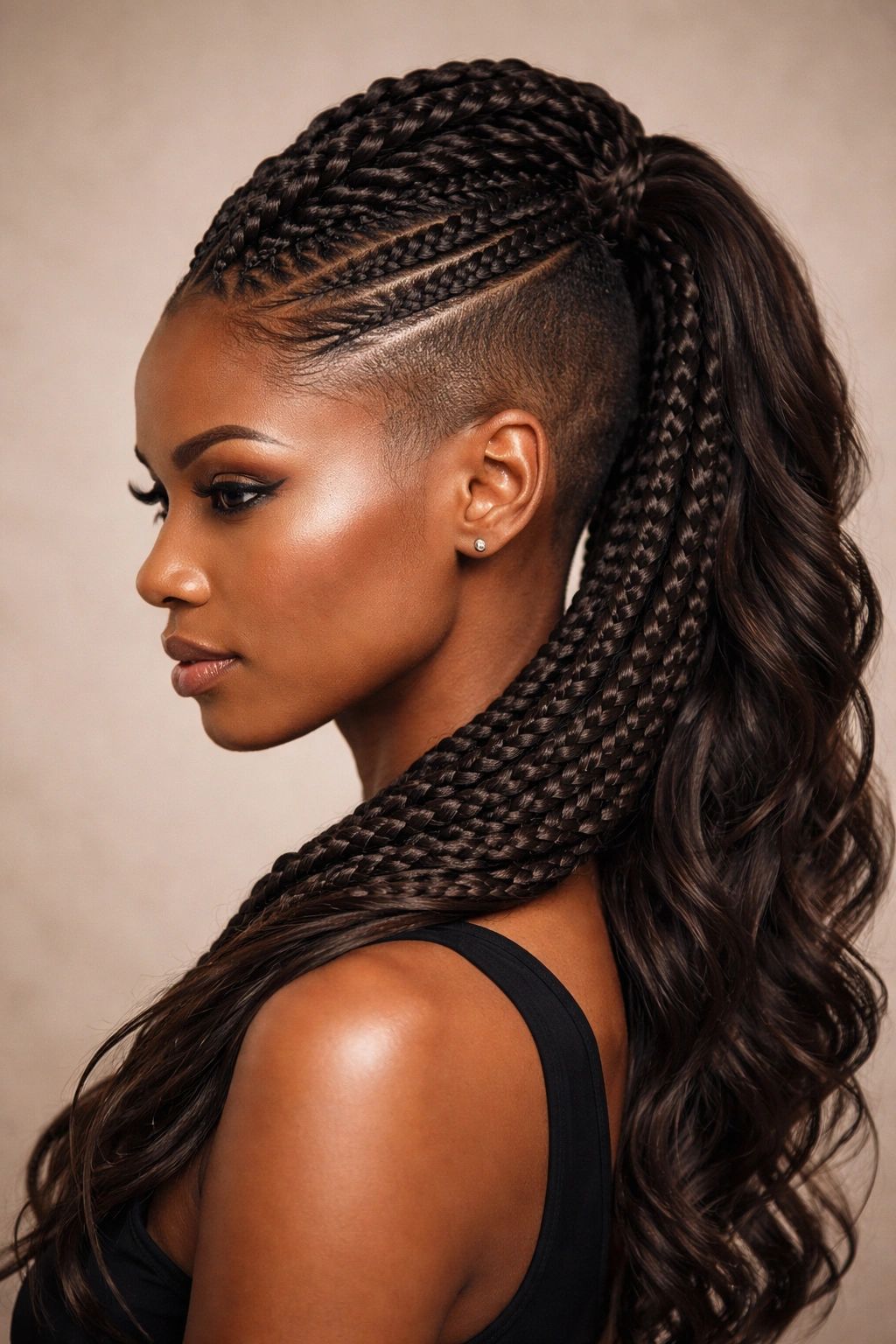 Mohawk braid ponytail with shaved sides and central ridge