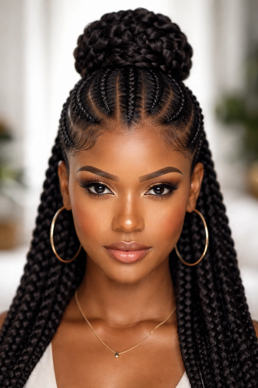 Frontal view of a Mohawk-inspired bun with a bold center braid and side braids