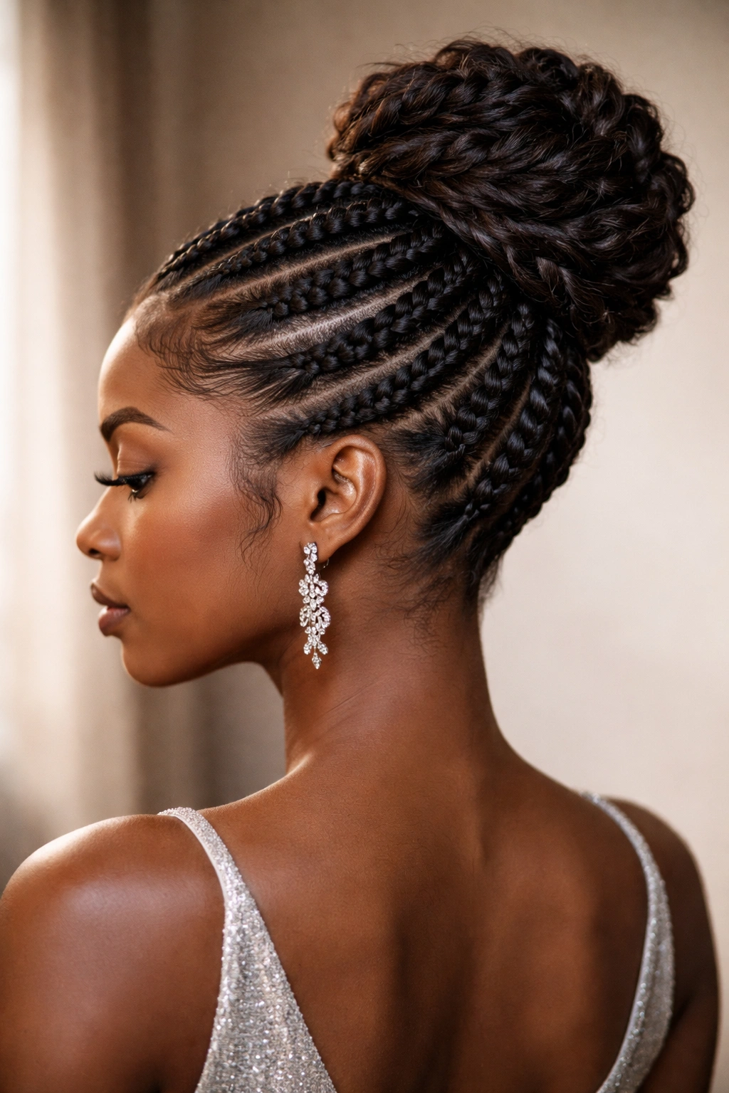 Close-up of Twisted-Braid Mohawk Bun showing alternating cornrows and twists