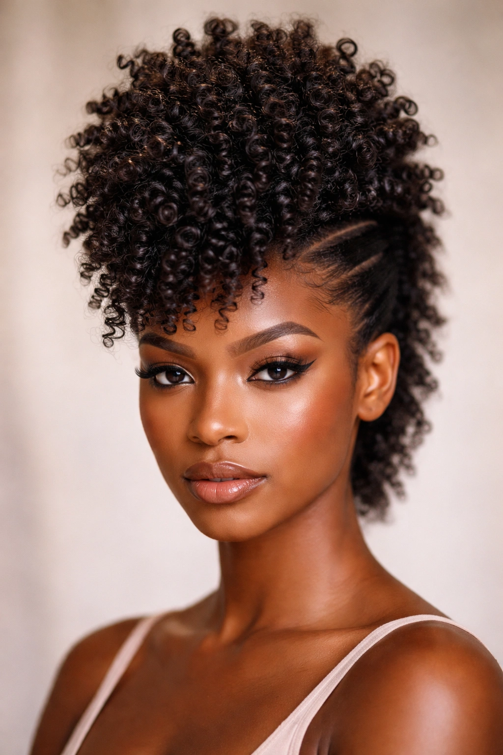 Close up of center Mohawk with defined coils and smooth sides on neutral backdrop