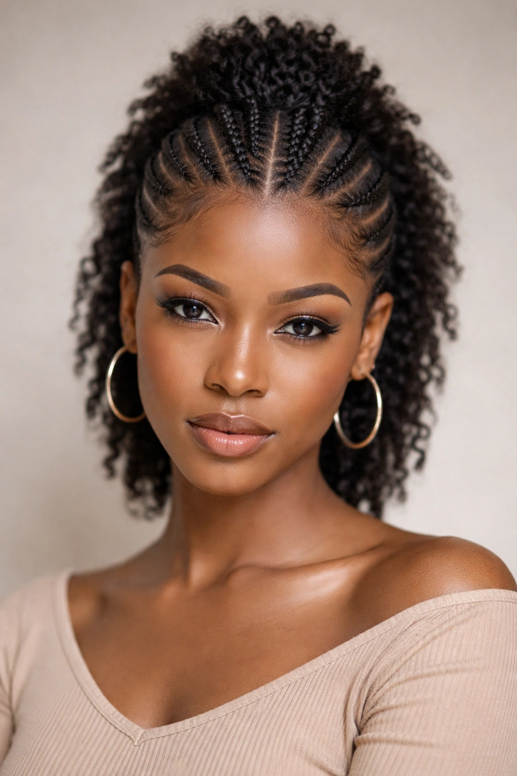 Close-up of Mohawk cornrows on short natural hair with central braid strip