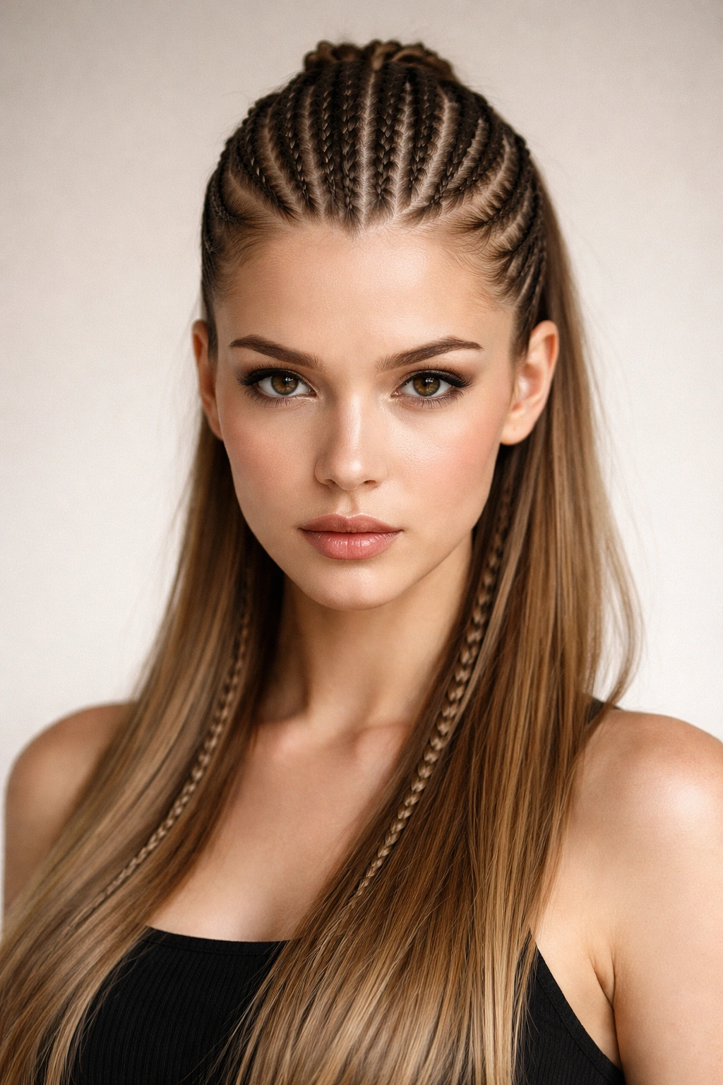 Center mohawk of cornrows on straight hair with clean sides