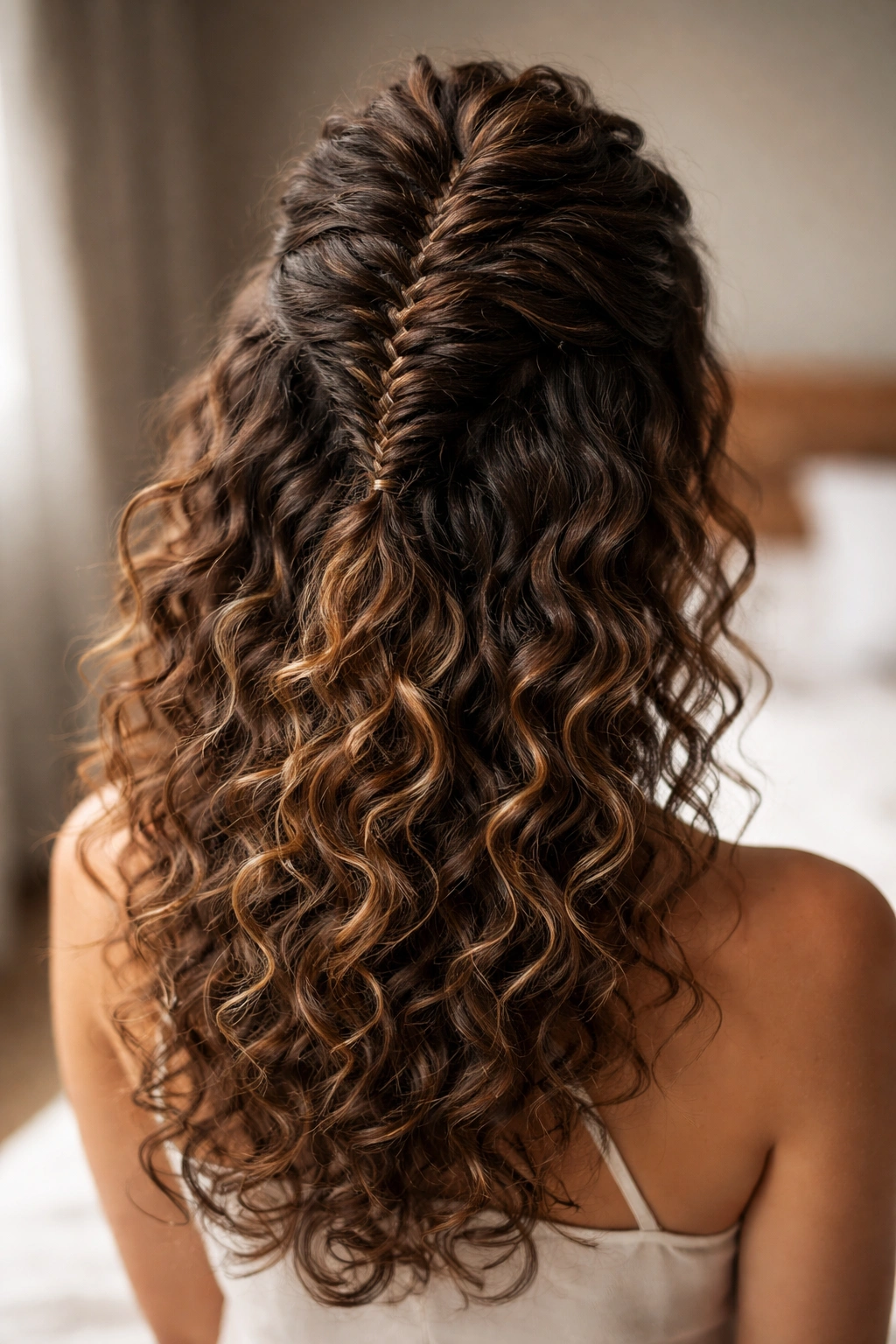 Top-down view of a mohawk-inspired half up hairstyle on curly hair