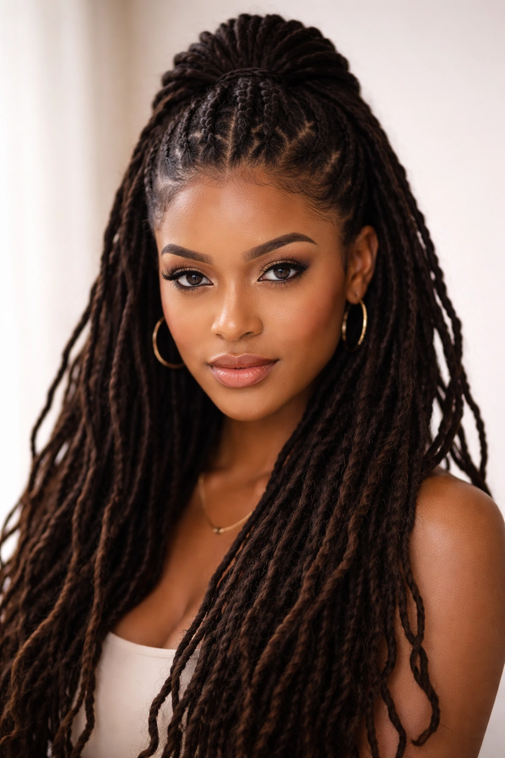 Close-up of Mohawk-inspired half-up center line locs with loose sides, long texture