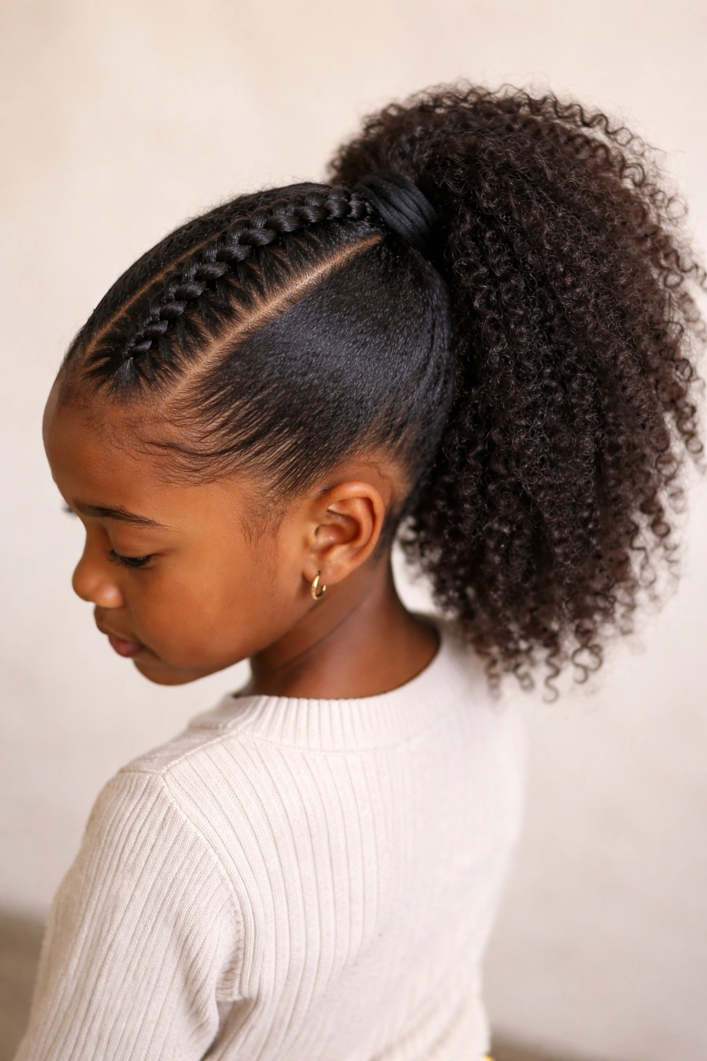 Center braided/twisted strip forming a mohawk ponytail with sides textured.