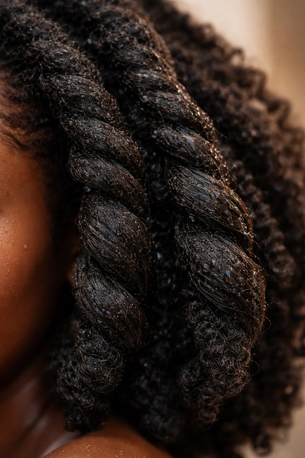 Moisturized 4C coils in a protective twist.