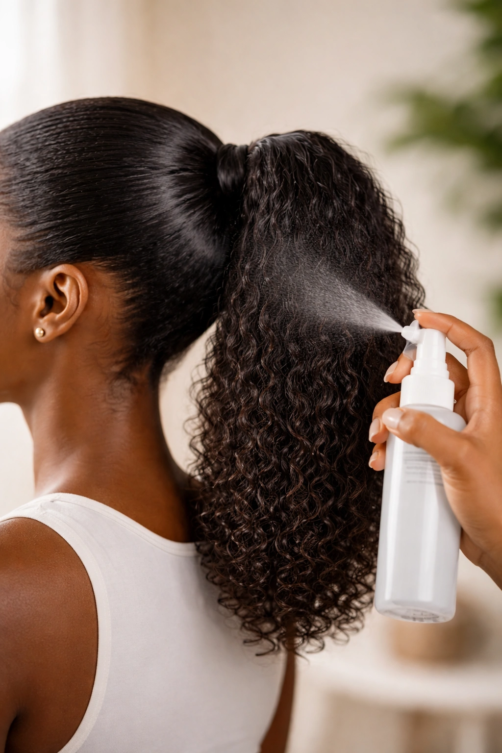 Hand misting ponytail with curl refresher spray