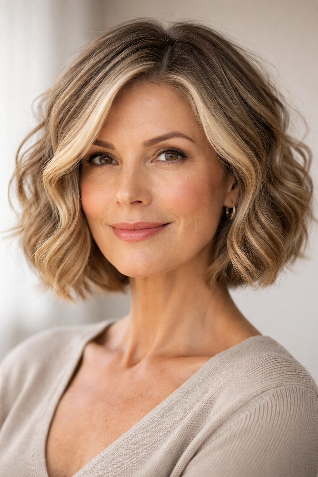 Close-up of a short wavy bob with face-framing money pieces highlighting facial features