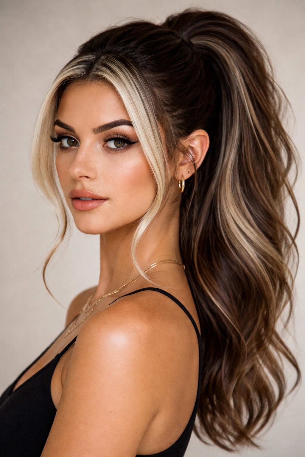 Brunette ponytail with icy blonde money pieces in the front.
