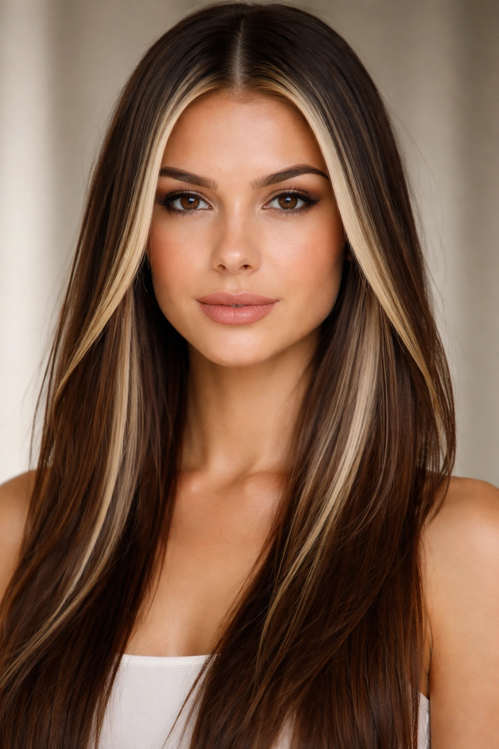 Face-framing money pieces on straight hair with sharp, bright highlights around the face.