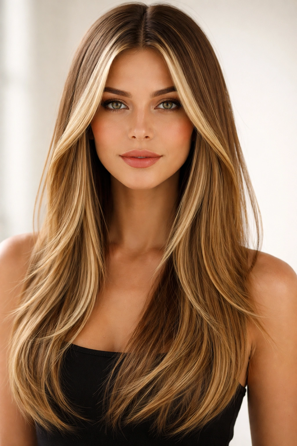 Close-up of straight hair with face-framing money pieces creating a framed look