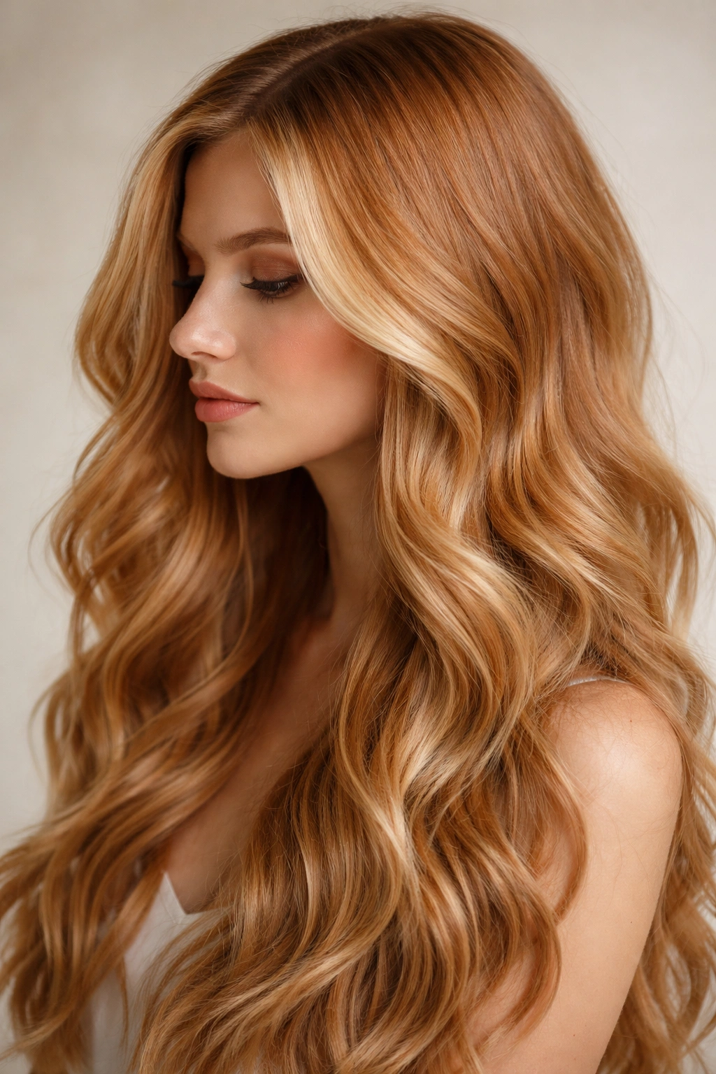 Strawberry blonde textured waves with money pieces framing the face