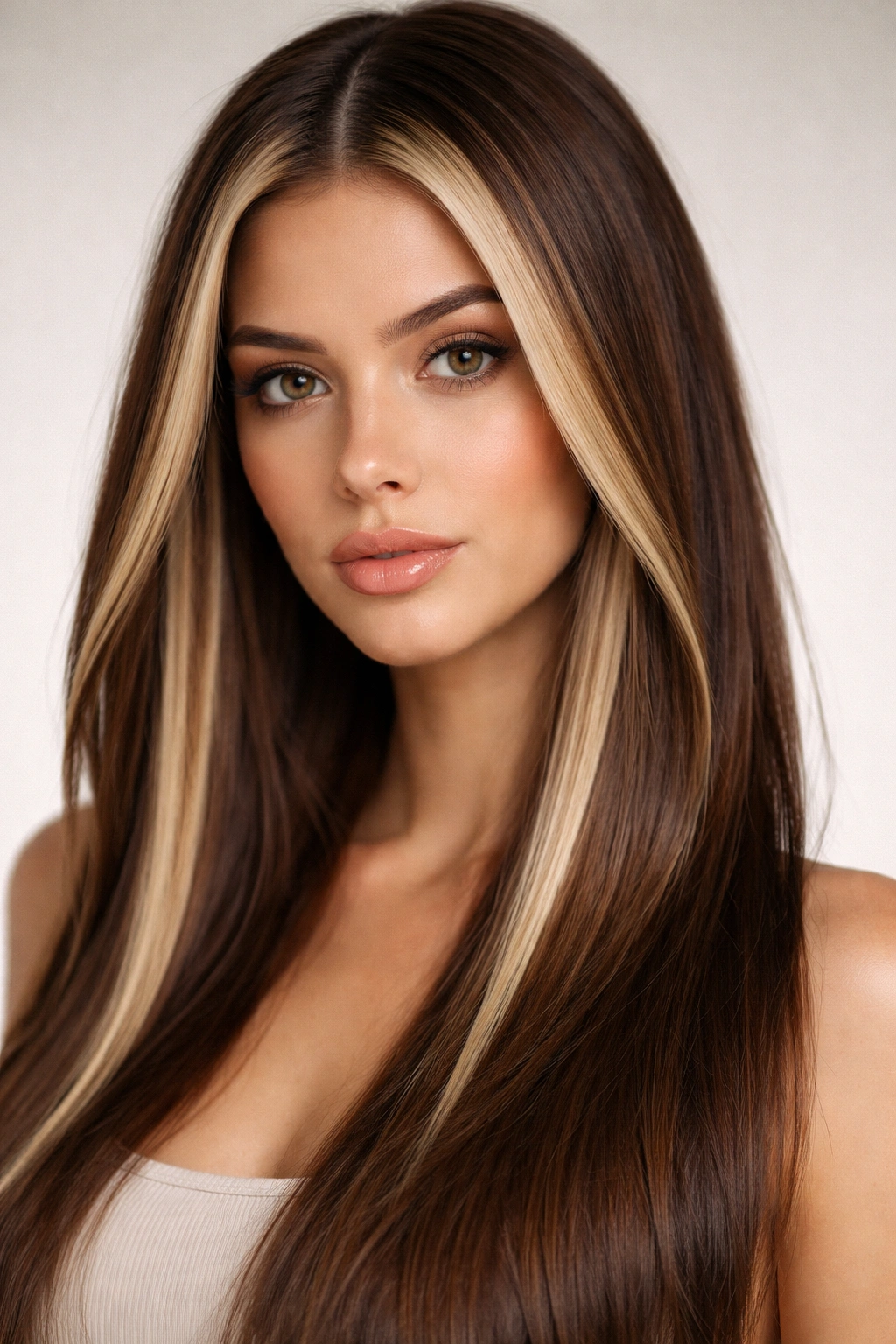Thick front money pieces highlights framing straight brown hair