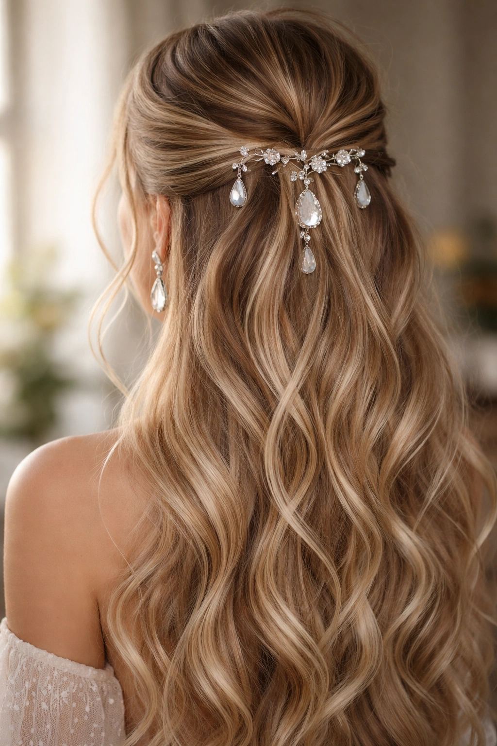 Close-up of moonstone drop half-up hairstyle with soft waves